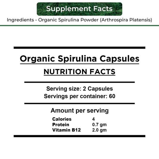 NUTRINPRO spirulina capsules bottle side, highlighting non-GMO and gluten-free vegan nutrition.