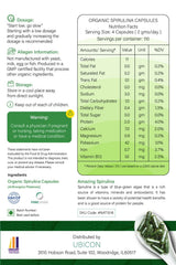 NUTRINPRO spirulina capsules bottle side shows organic, non-GMO credentials.