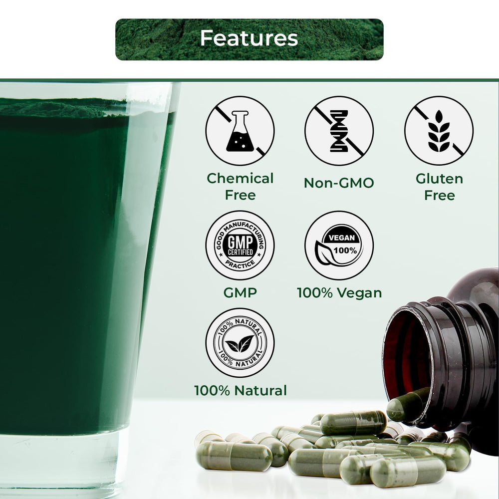 NUTRINPRO spirulina capsules closeup, emphasizing pure organic spirulina for plant protein.