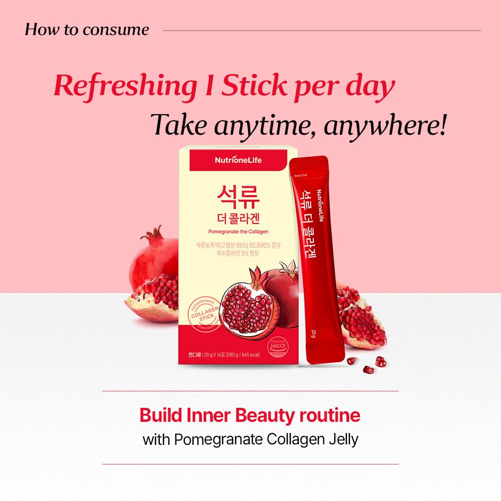 NUTRIONELIFE Pomegranate Collagen Stick Serving: visual of 1-2 sticks daily usage.