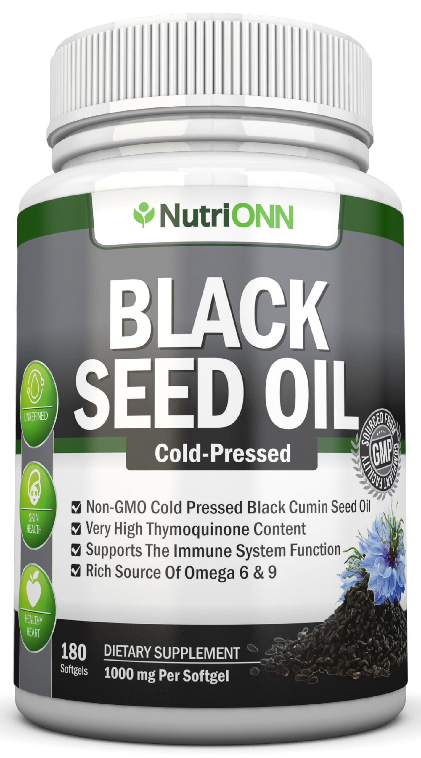 NutriONN Black Seed Oil bottle with 180 softgels for daily wellness