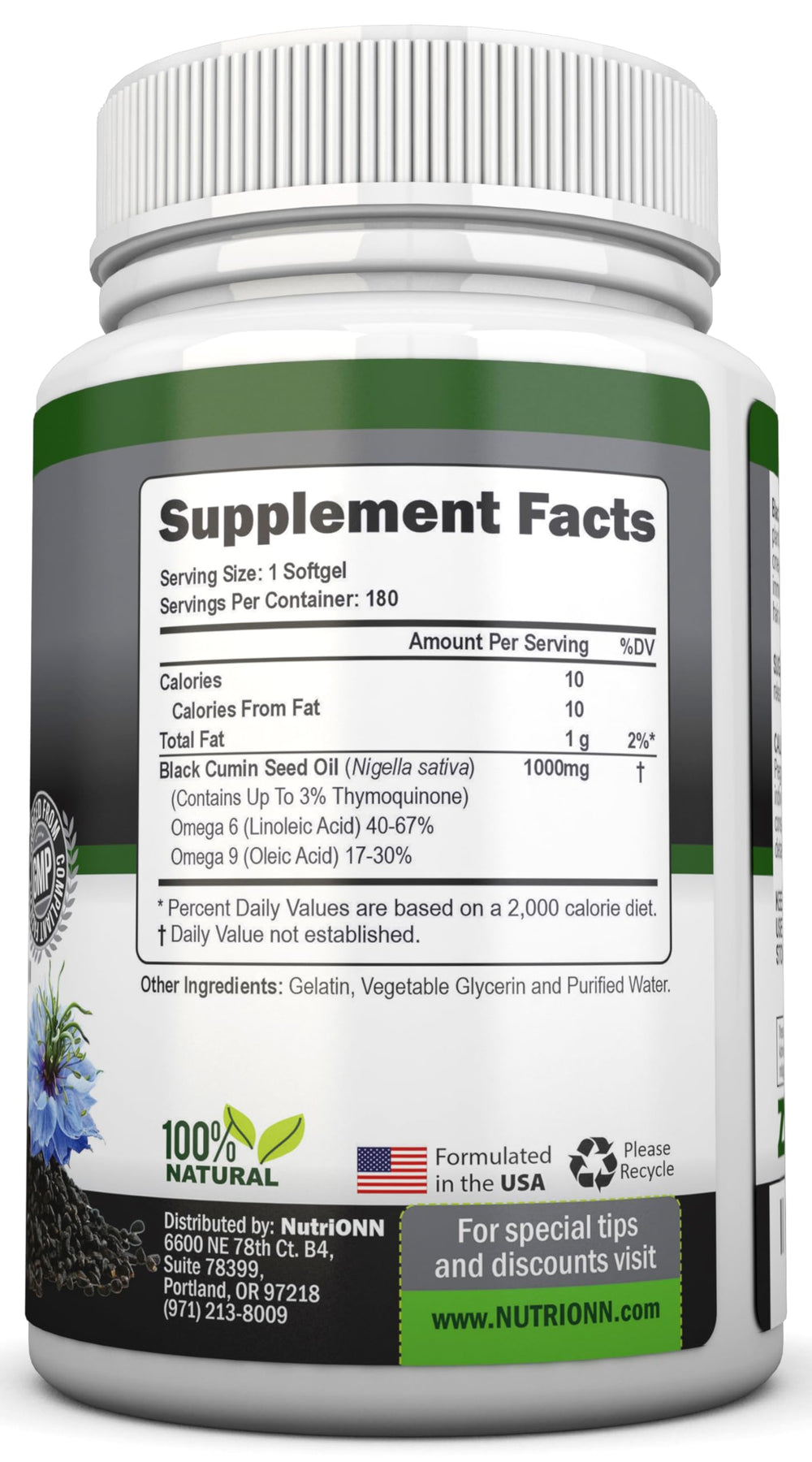 Close-up of NutriONN capsules highlighting thymoquinone content