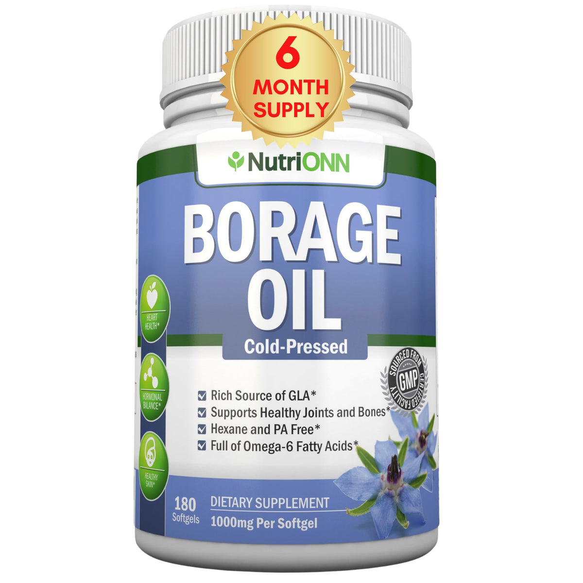 NutriONN Borage Oil bottle supports skin and hair health in daily care.