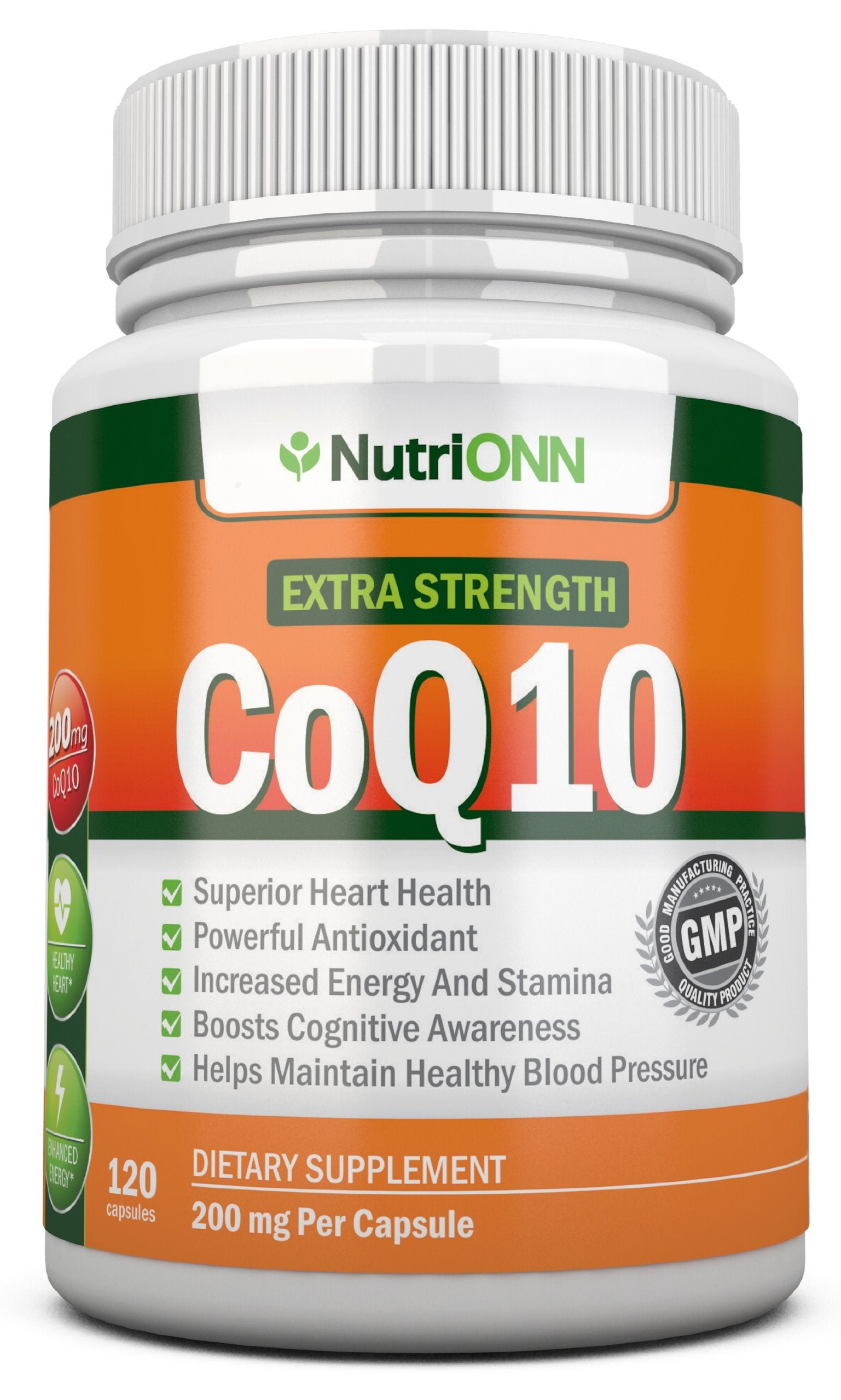 NutriONN CoQ10 200mg bottle front offers a four-month supply for energy support.