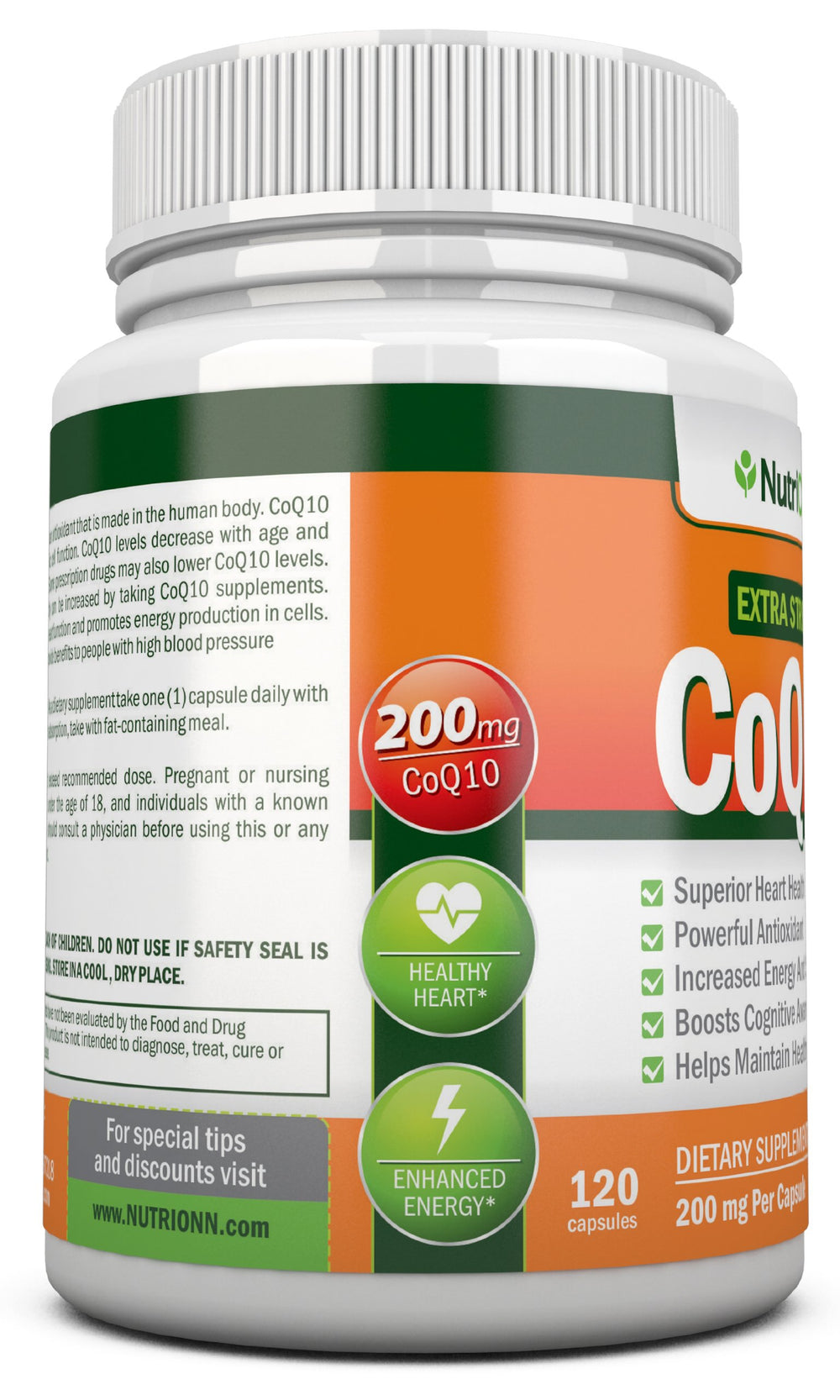 NutriONN CoQ10 bottle cap closeup emphasizing easy daily intake.