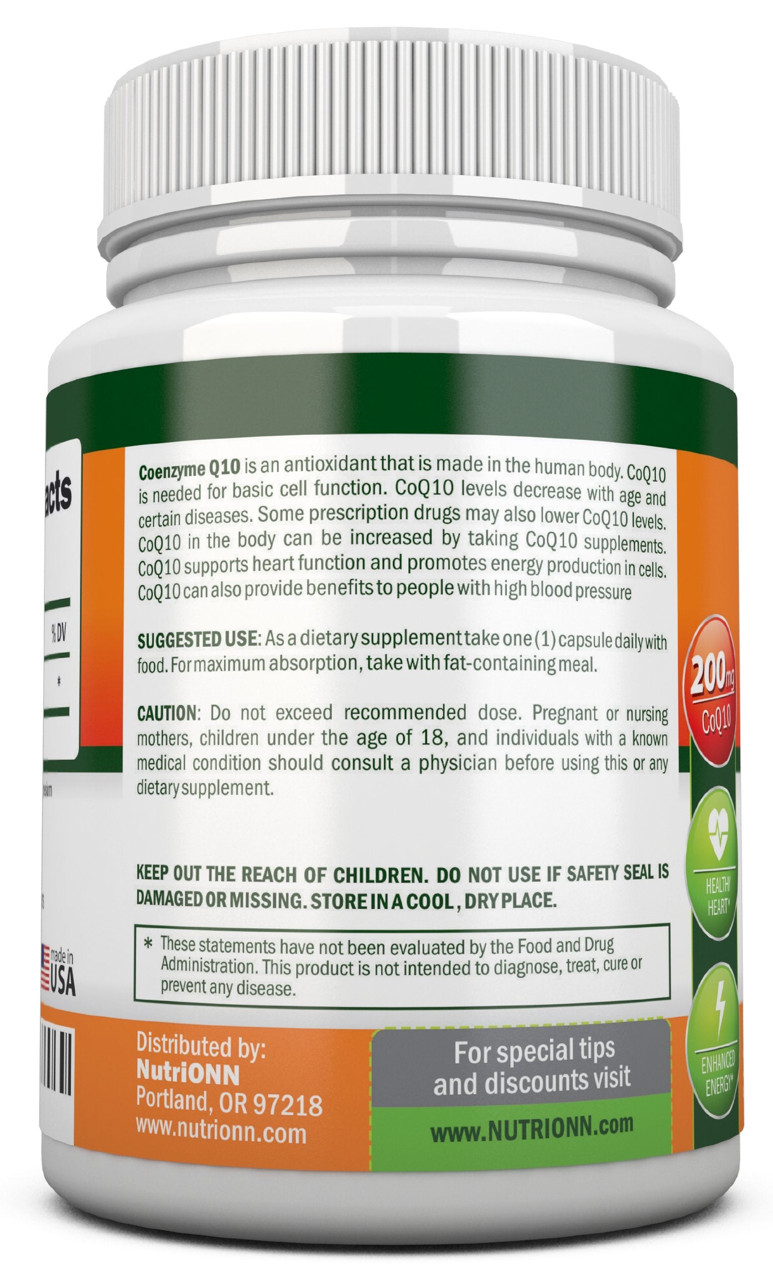 NutriONN CoQ10 bottle label closeup highlighting high-potency 200 mg capsules.