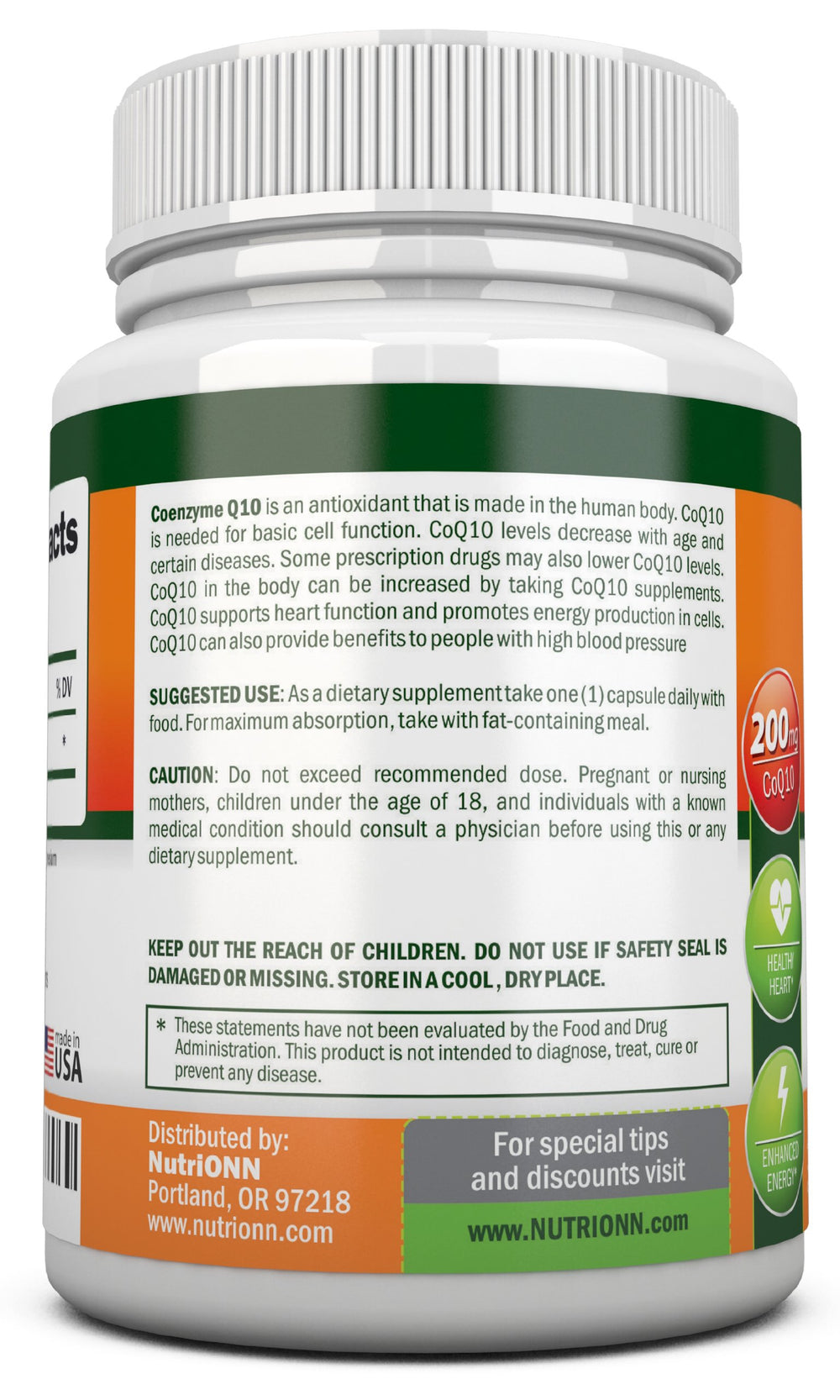 NutriONN CoQ10 bottle label closeup highlighting high-potency 200 mg capsules.