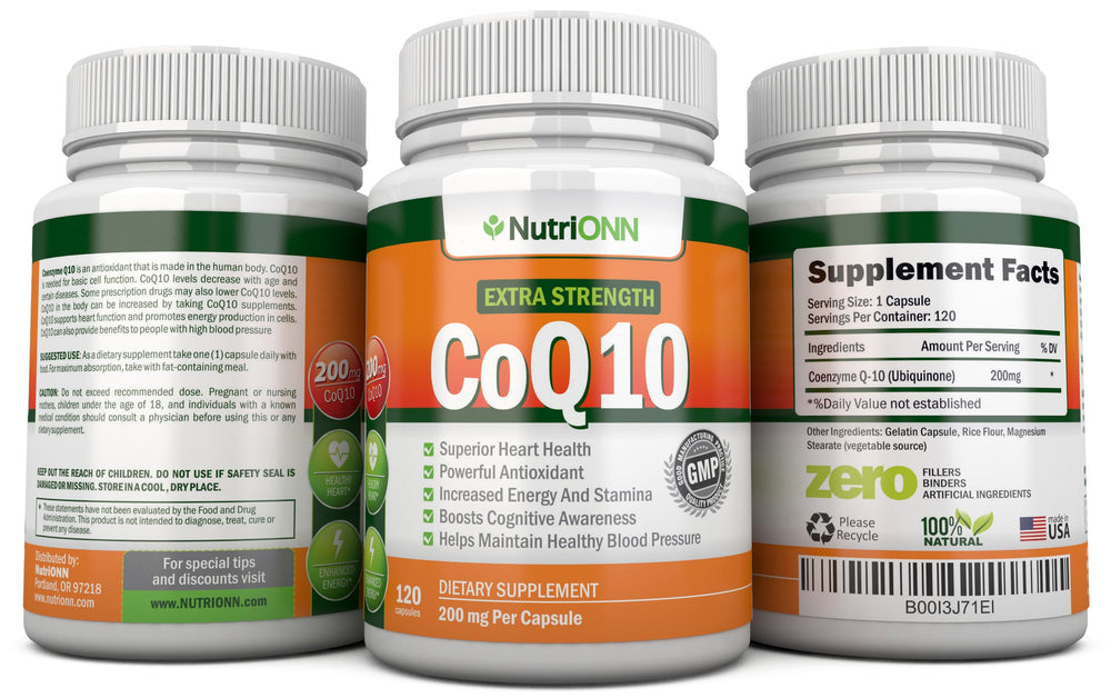 NutriONN CoQ10 bottle beside fruits visual suggesting heart health support.