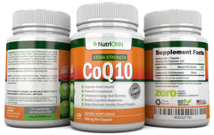 NutriONN CoQ10 bottle beside fruits visual suggesting heart health support.