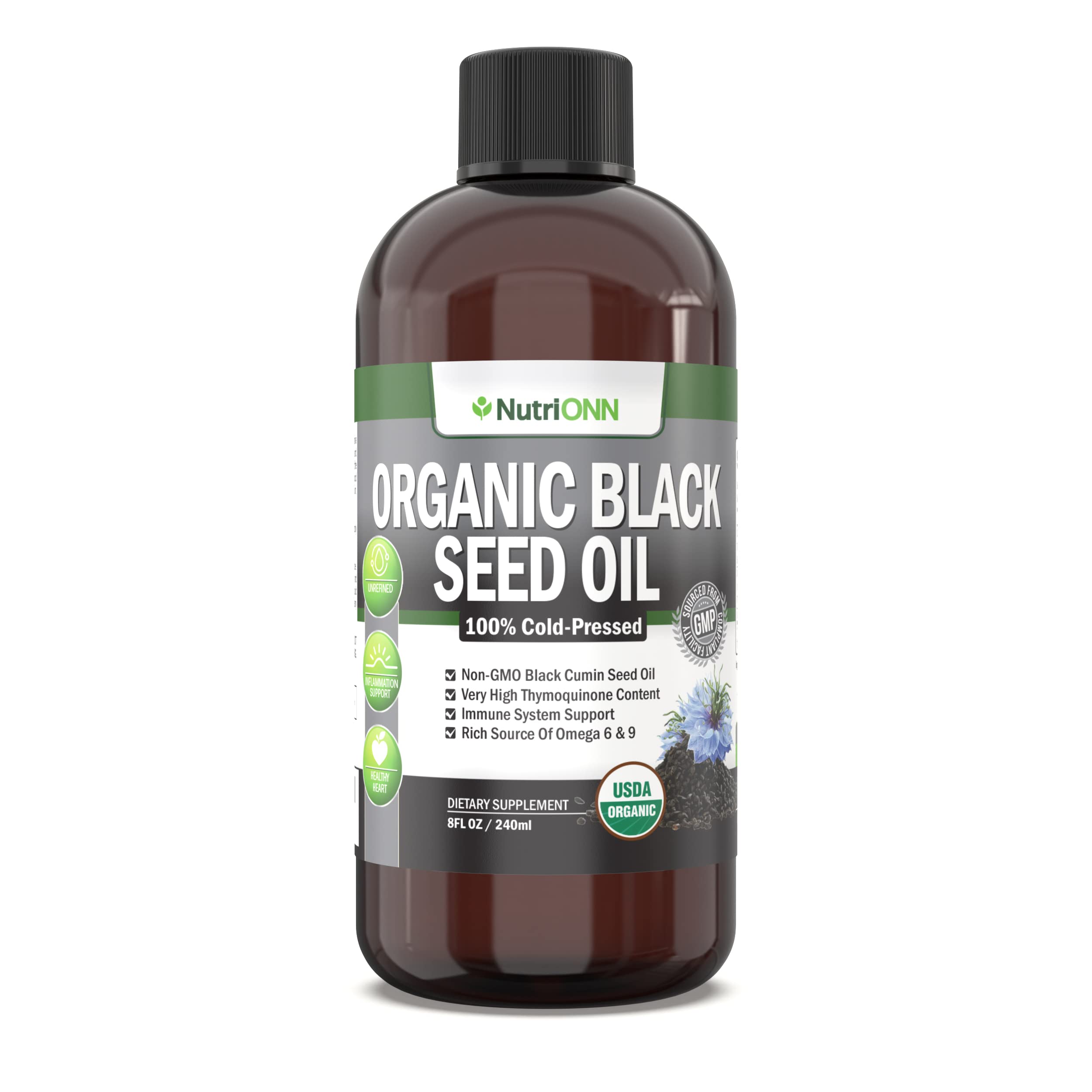 NutriONN Organic Black Seed Oil bottle in recyclable PET packaging for sustainable use.