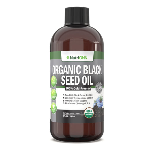 NutriONN Organic Black Seed Oil bottle in recyclable PET packaging for sustainable use.