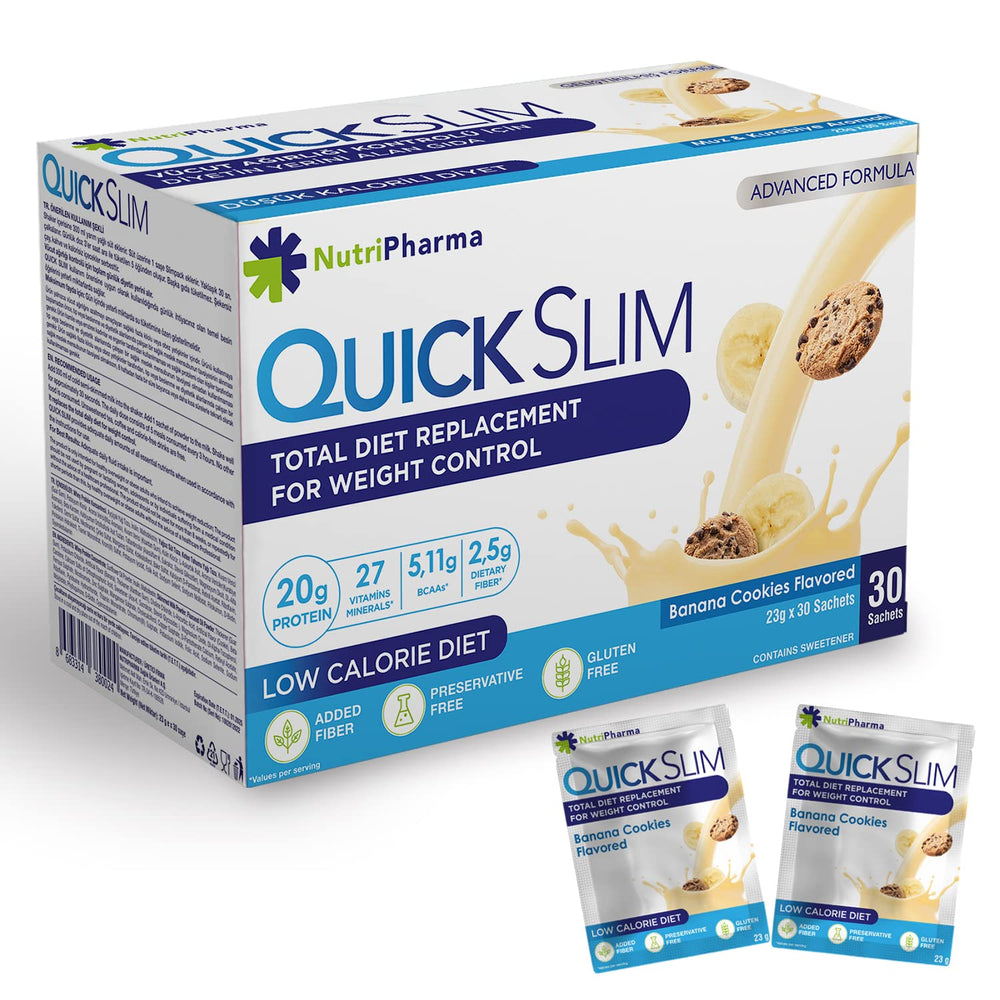 NUTRIPHARMA Quick Slim banana cookies sachet for convenient on-the-go nutrition.