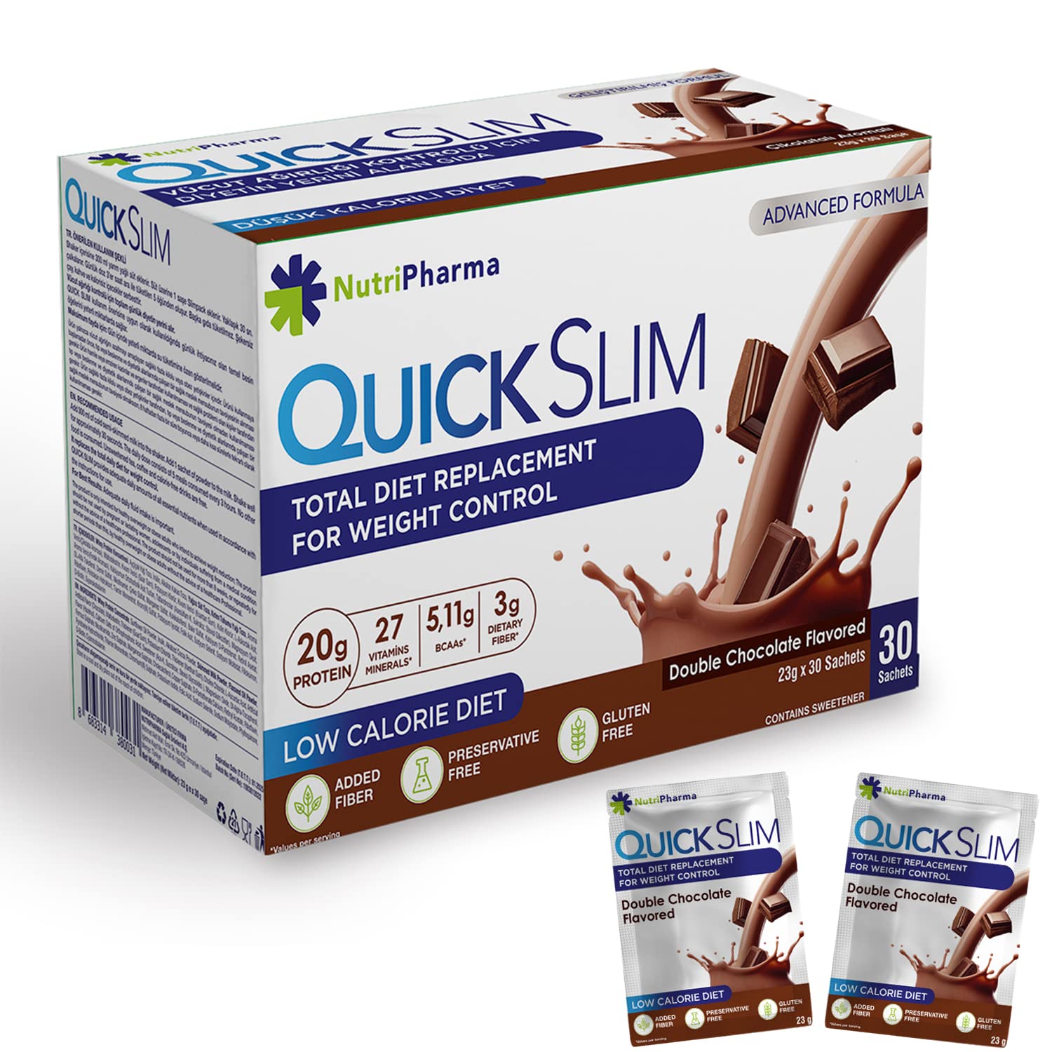 Nutripharma Quick Slim double chocolate sachet for on-the-go protein.