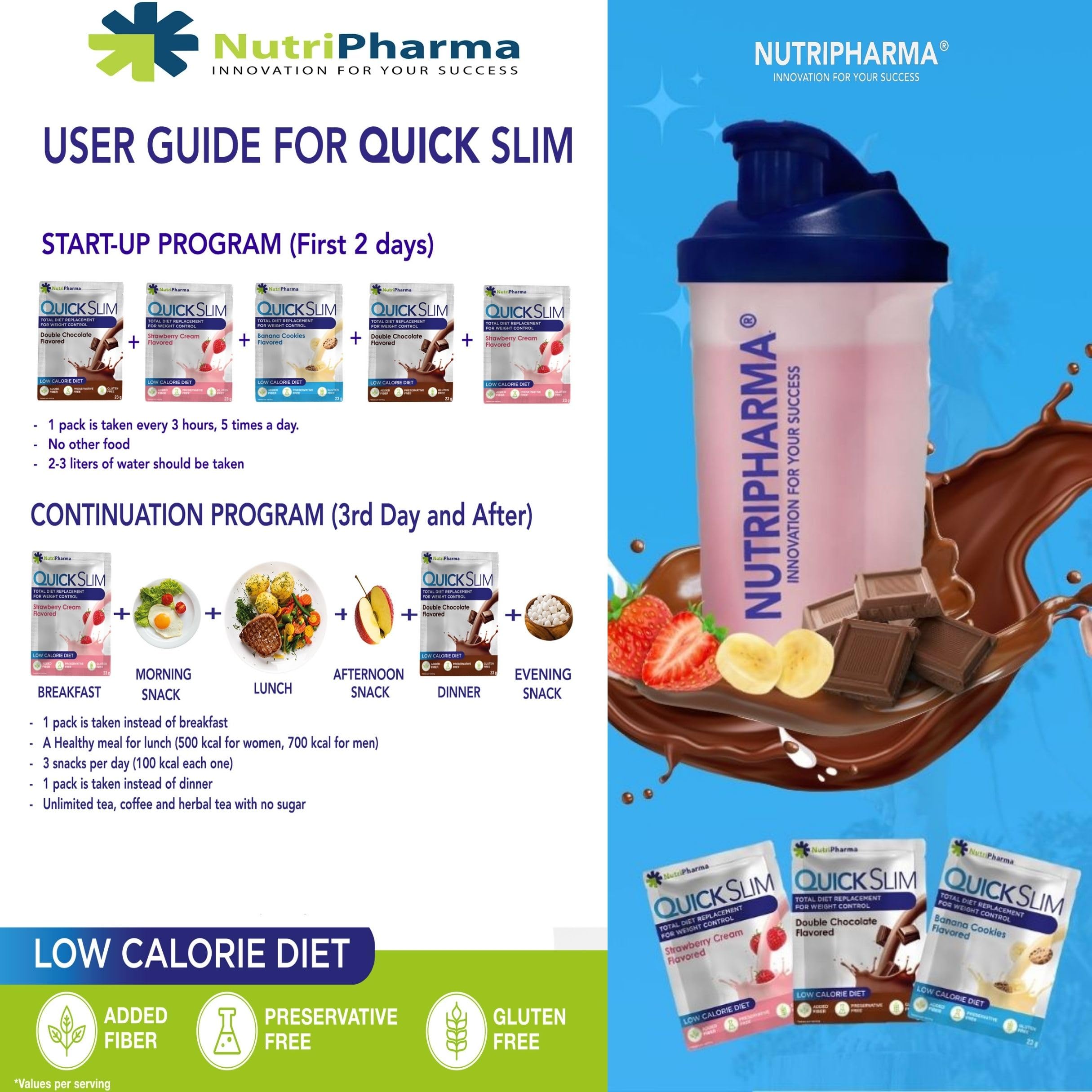 NUTRIPHARMA Quick Slim step-by-step mixing demonstrates quick preparation.