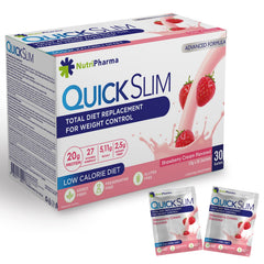 NUTRIPHARMA Quick Slim strawberry cream shake served in a glass, great as a meal replacement