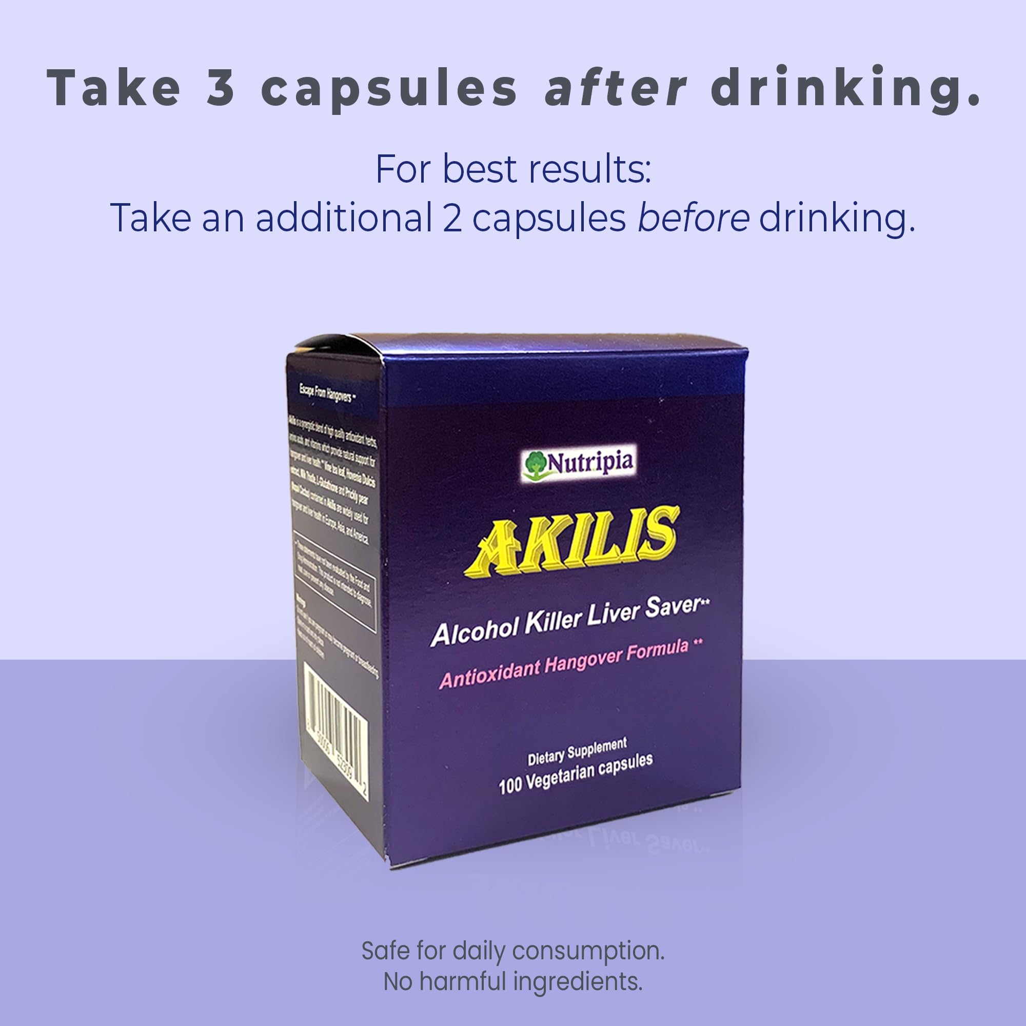 Nutripia Akilis capsules close-up highlighting vegetarian formula for liver support.