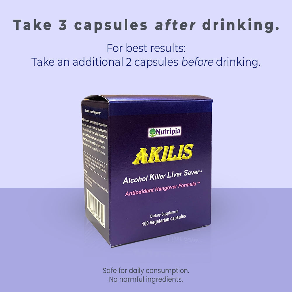 Nutripia Akilis capsules close-up highlighting vegetarian formula for liver support.