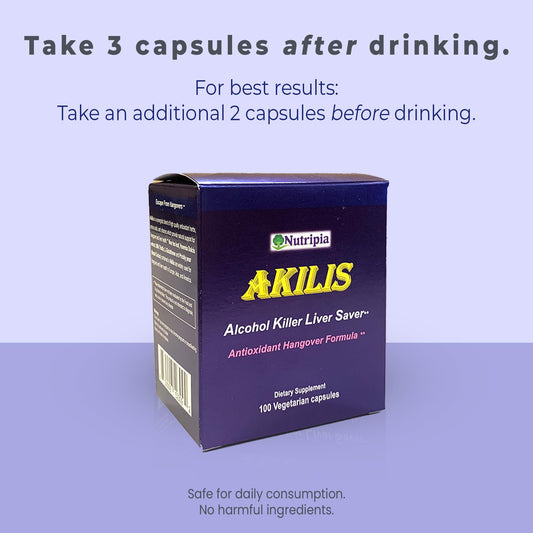 Nutripia Akilis capsules close-up highlighting vegetarian formula for liver support.