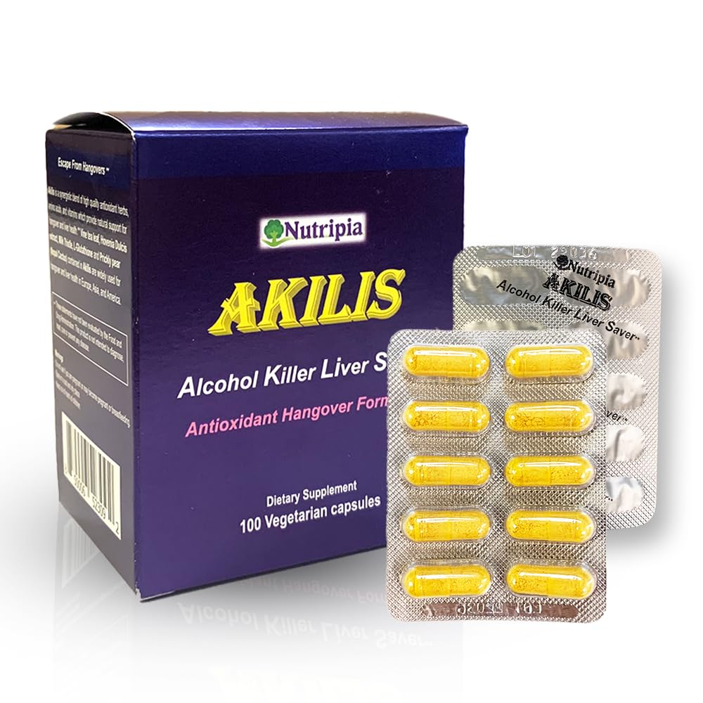 Nutripia Akilis liver support bottle and pills for post-drinking recovery.