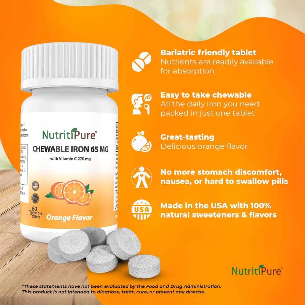 NutritiPure chewable iron tablet closeup showing texture