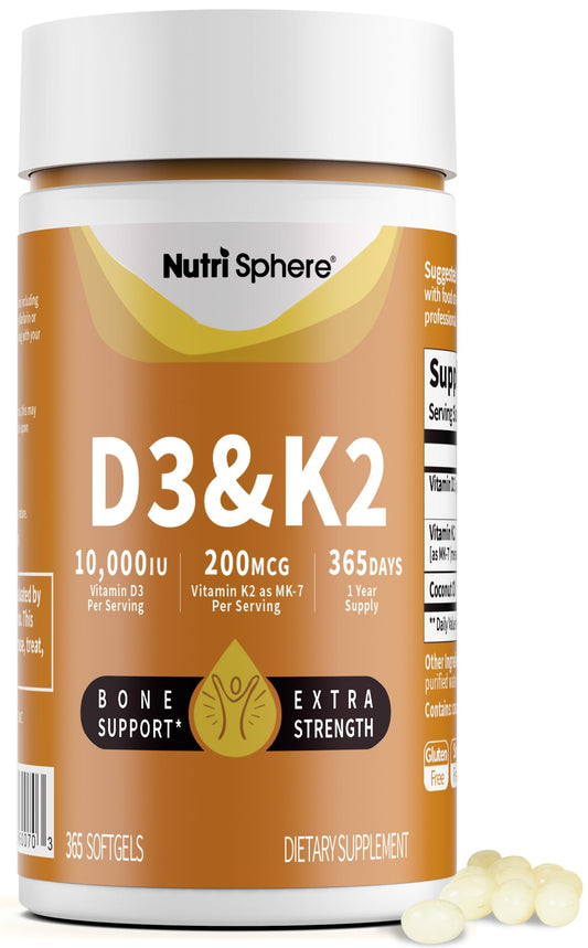 NutriSphere Vitamin D3 & K2 bottle pour shows calcium utilization support.