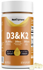 NutriSphere Vitamin D3 & K2 bottle pour shows calcium utilization support.