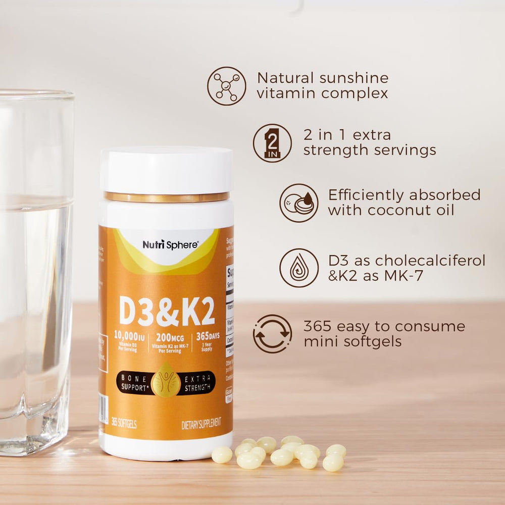 NutriSphere Vitamin D3 & K2 with coconut oil matrix for enhanced absorption.
