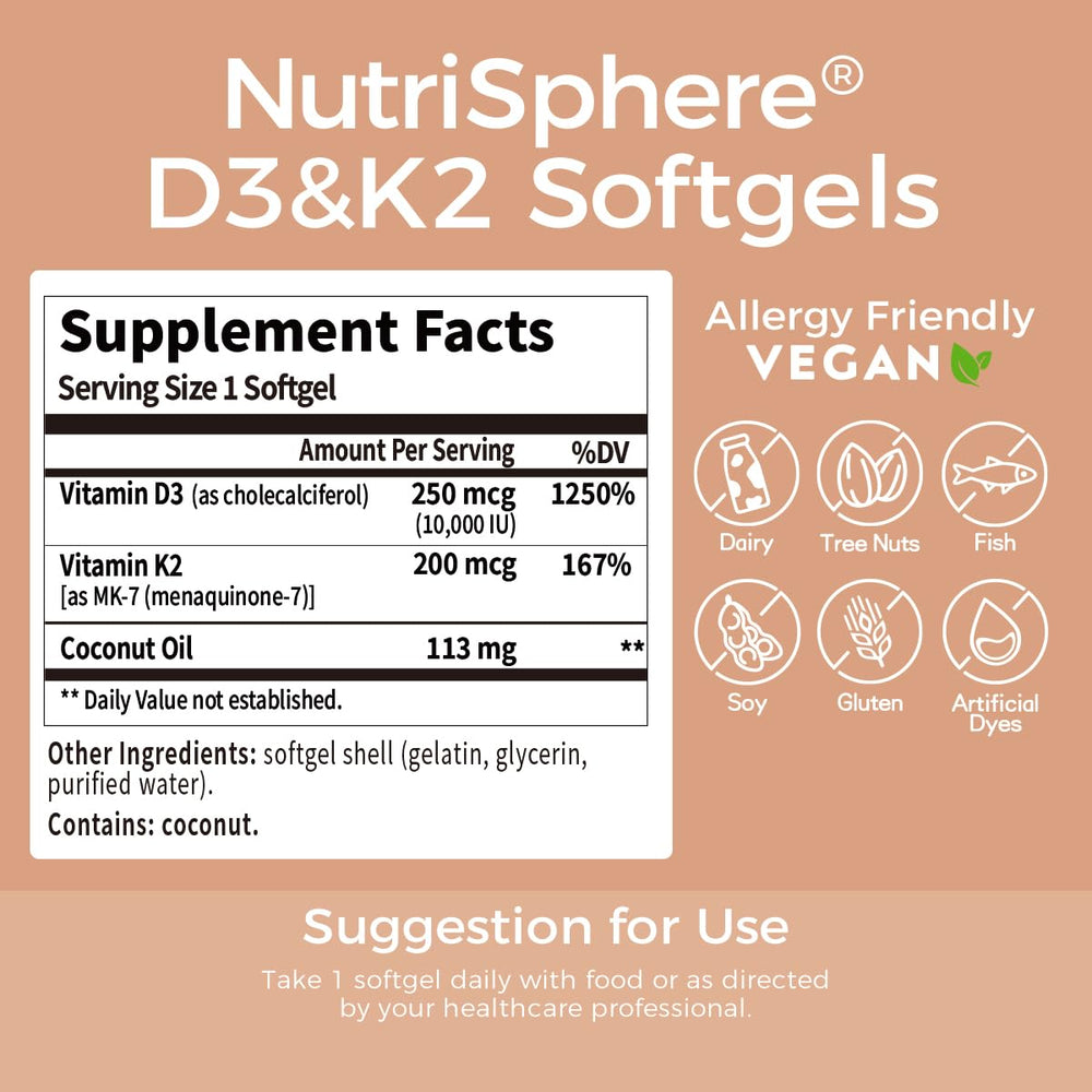 NutriSphere Vitamin D3 & K2 label close-up, vegan ingredients highlighted.