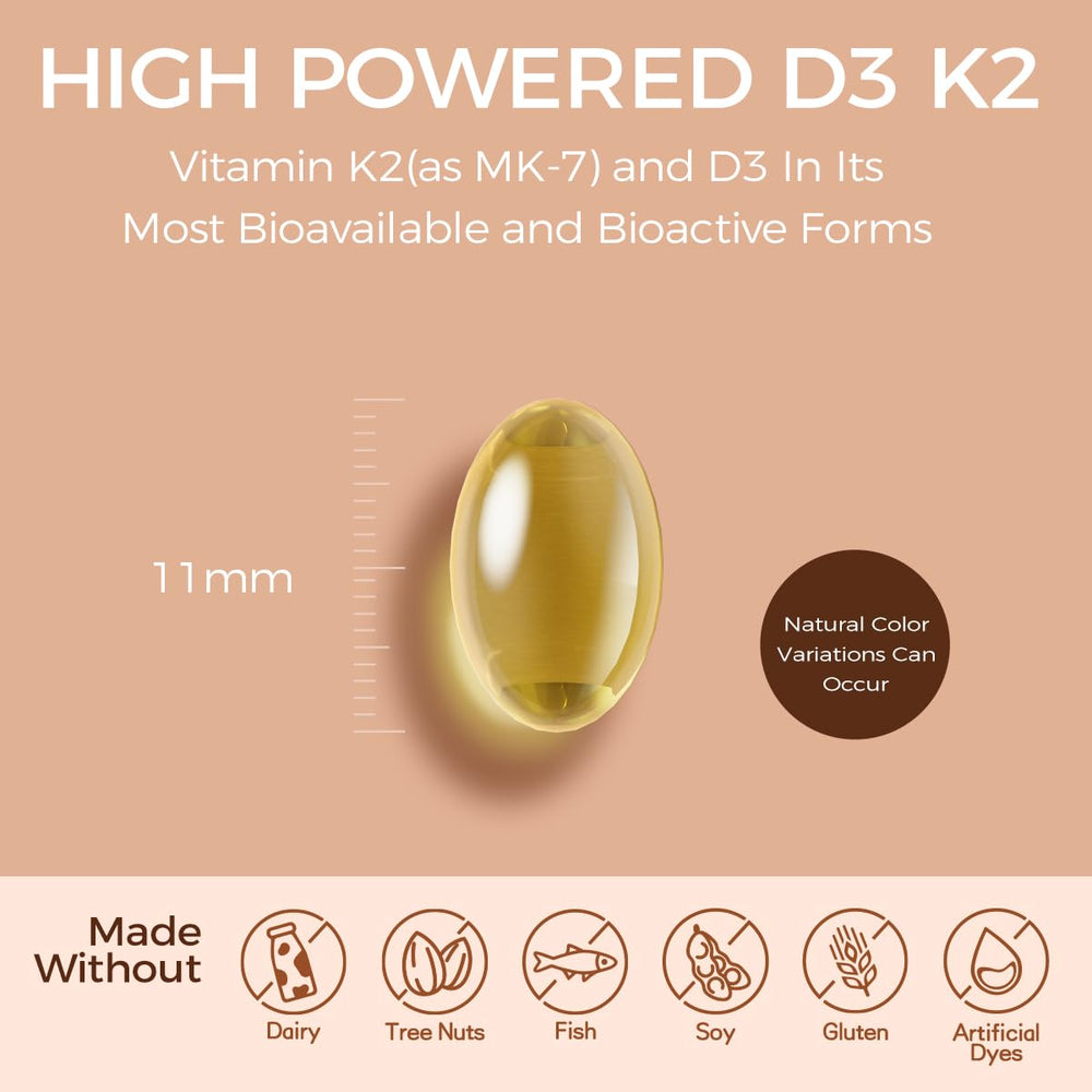 NutriSphere Vitamin D3 & K2 softgels close-up, easy-to-swallow capsule design.