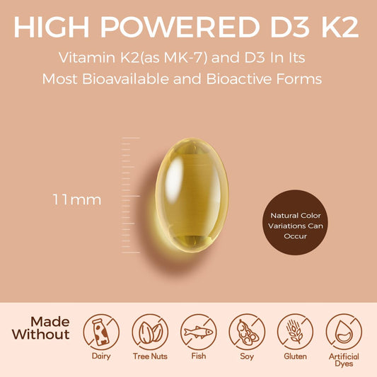 NutriSphere Vitamin D3 & K2 softgels close-up, easy-to-swallow capsule design.