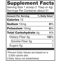 Nutrisource Fiber Powder serving size image highlights 3 g soluble fiber per serving