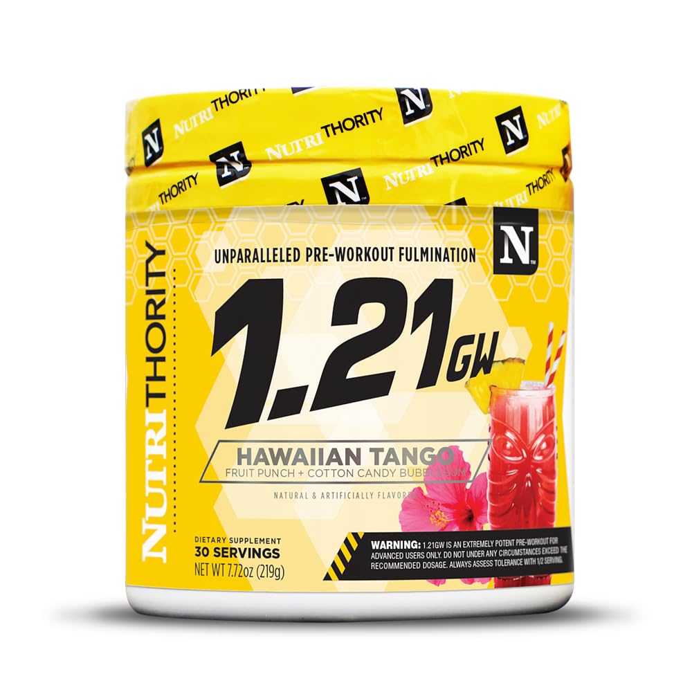 Nutrithority 1.21gw bottle featuring Hawaiian Tango flavor, ready to energize your session.
