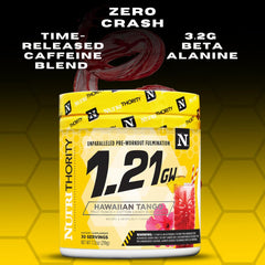 Close-up of Nutrithority 1.21gw label highlighting beta-alanine and stimulant blend.