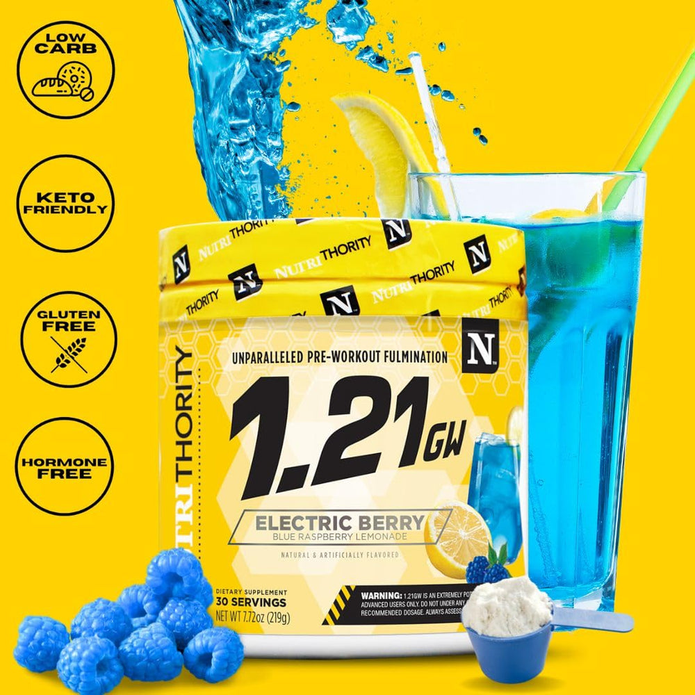 Nutrithority 1.21gw powder being scooped signaling time-released energy for sustained effort.