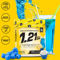Nutrithority 1.21gw powder being scooped signaling time-released energy for sustained effort.