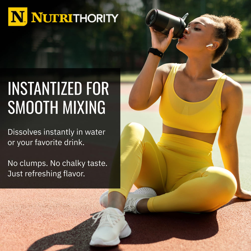 Nutrithority BCAA Powder kitchen counter with blender bottle for on-the-go