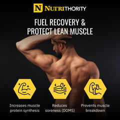 Nutrithority BCAA Powder label Raspberry Rage close-up shows clear dosing