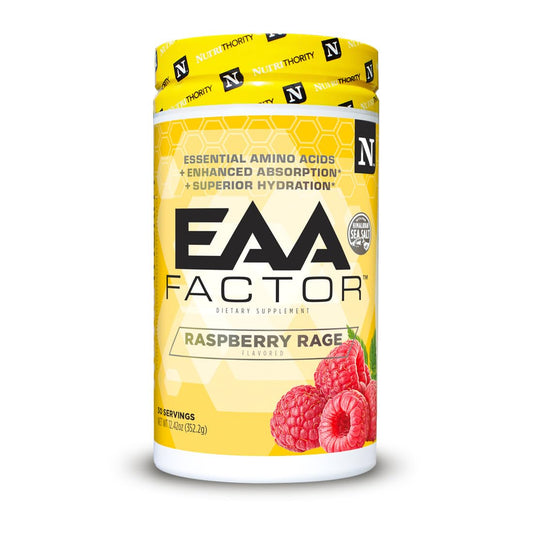 Nutrithority EAA Factor Raspberry Rage bottle for post-workout recovery and hydration.