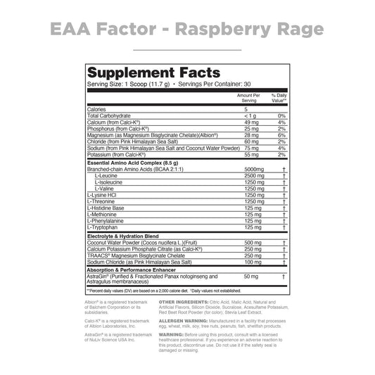 Nutrithority EAA Factor Raspberry Rage scoop shows convenient serving for muscle recovery after training.