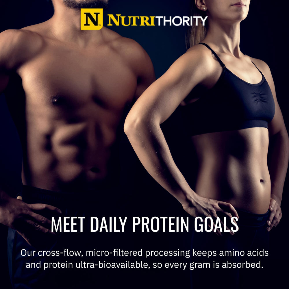 Nutrithority Isothority whey bottle front promoting gluten-free keto-friendly protein.