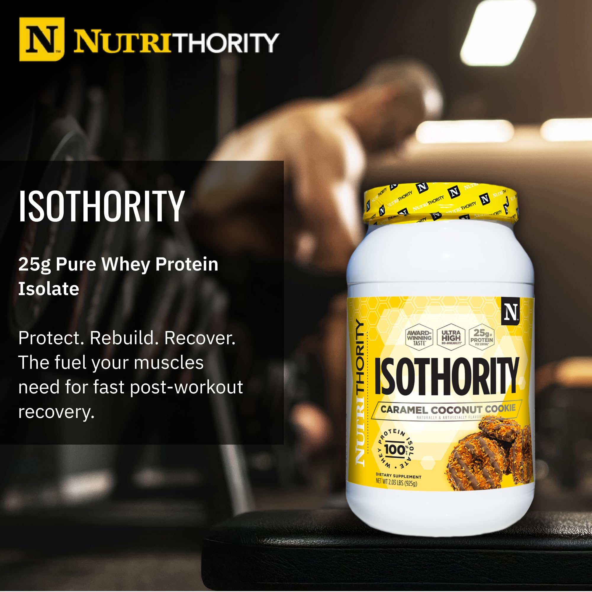 Nutrithority Isothority whey bottle pour demonstrating quick mix and lean protein.