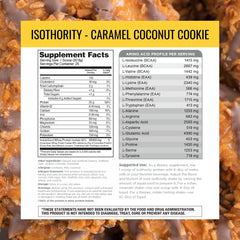 Nutrithority Isothority caramel coconut cookie powder scoop ideal for tasty post-workout shakes.