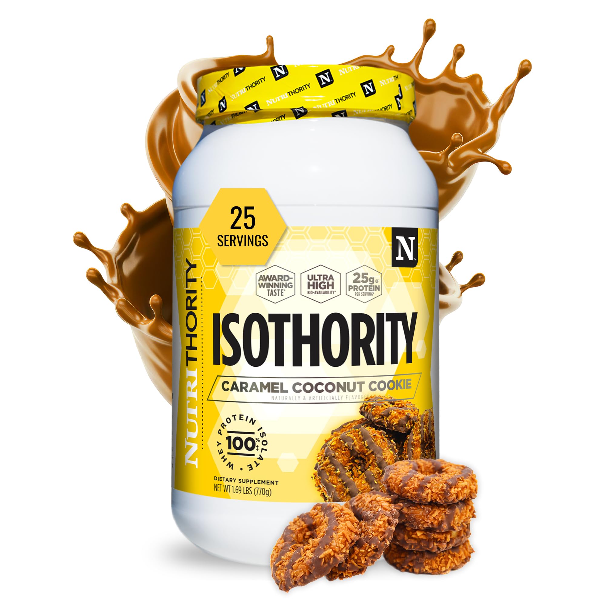 Nutrithority Isothority whey isolate tub close-up for fast post-workout protein delivery.