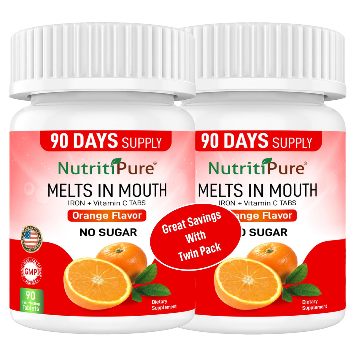NutritiPure orange flavor bottle with quick-dissolving iron tablets for on-the-go support.