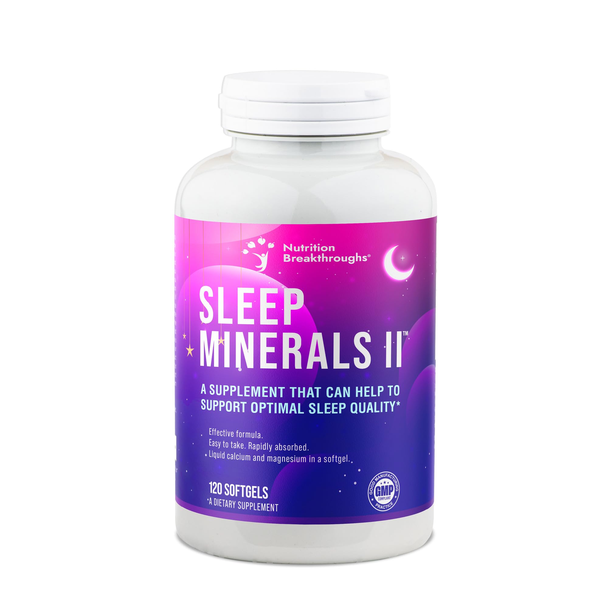 Nutrition Breakthroughs Sleep Minerals II bottle with softgels promotes restful sleep without melatonin.