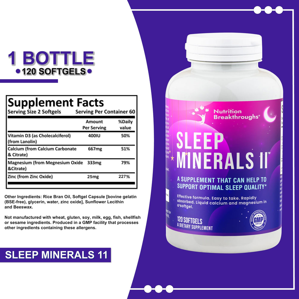Nutrition Breakthroughs Sleep Minerals II label detail shows vitamin D and zinc benefits.