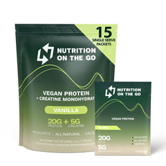 Nutrition On The Go vegan protein packets in vanilla serving for convenient travel protein.