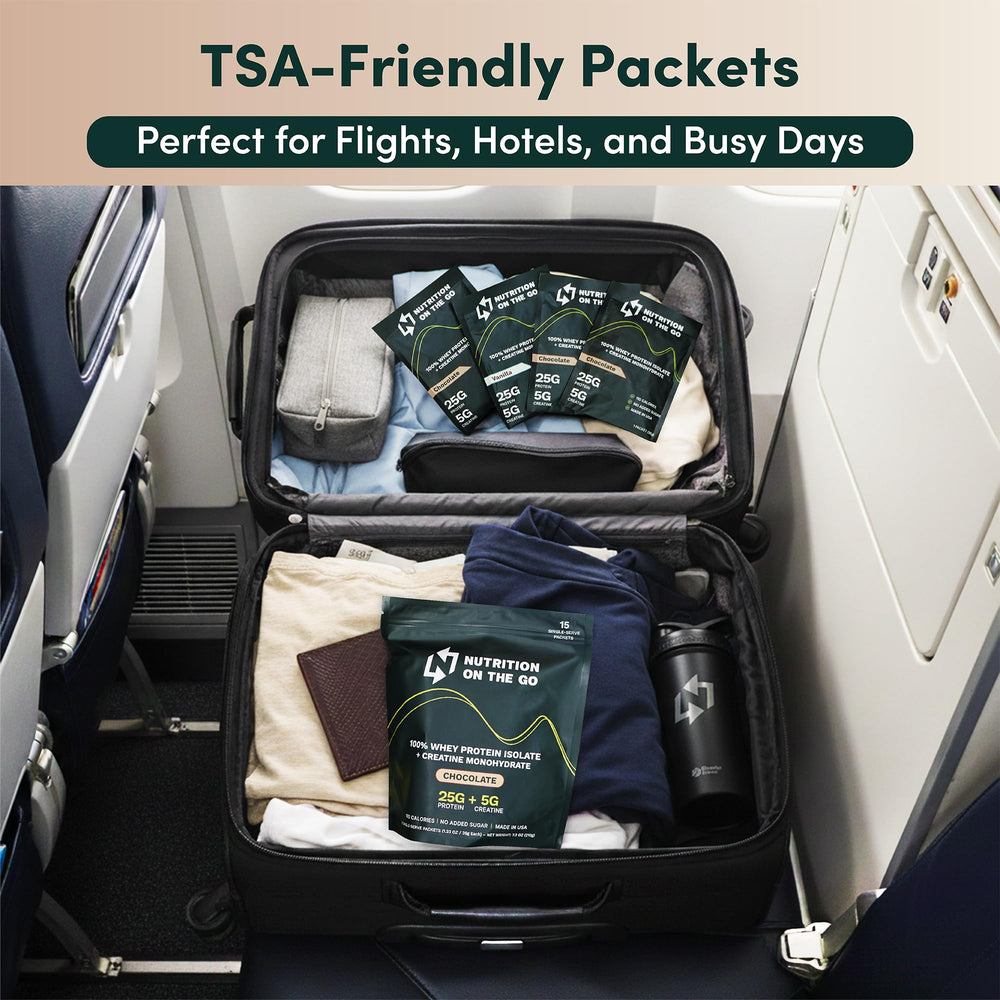 Nutrition On The Go packets in gym bag provide convenient 25g protein per serving.