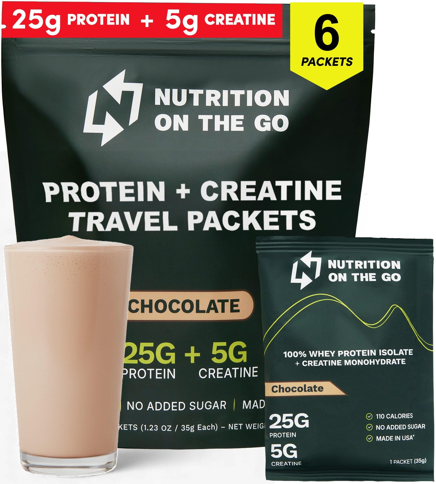 Nutrition On The Go whey protein isolate packets packaging for travel-ready fueling.