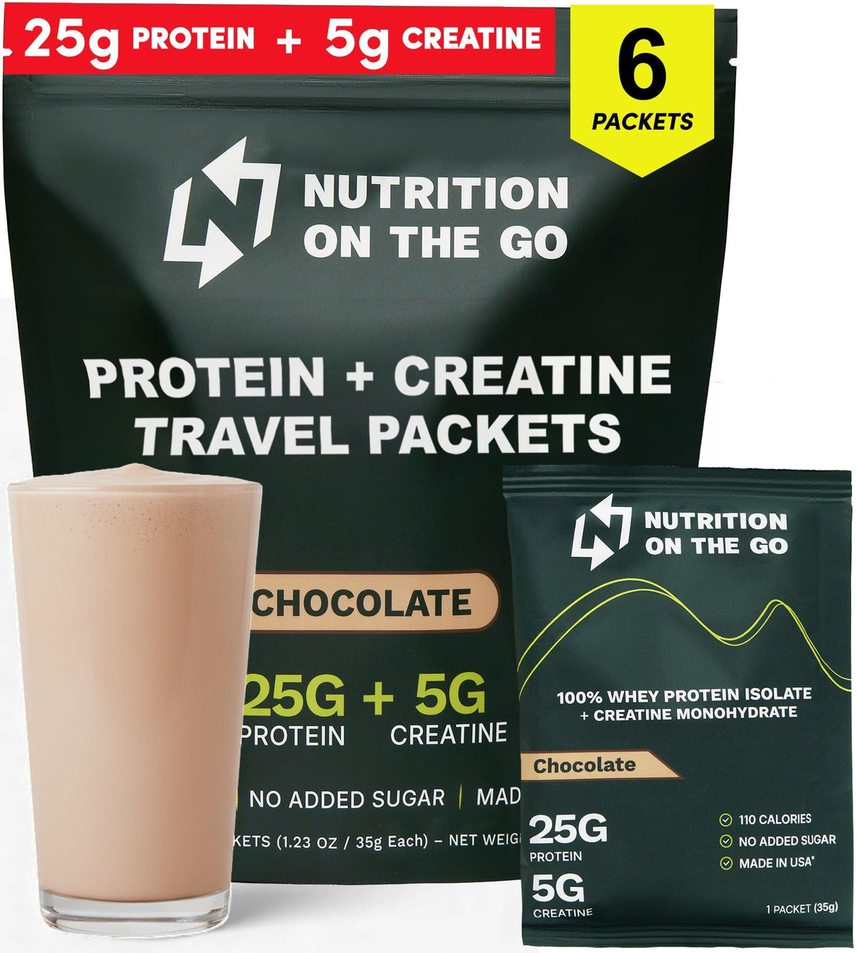 Nutrition On The Go whey protein isolate packets packaging for travel-ready fueling.